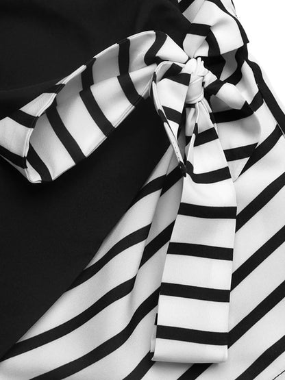 Striped crossover tie-waist blouse