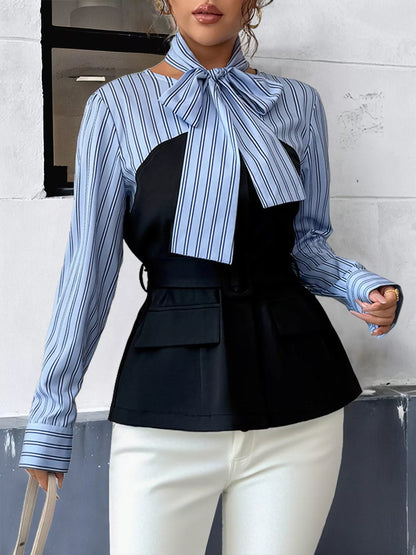 Striped bow-neck blouse with contrast bodice