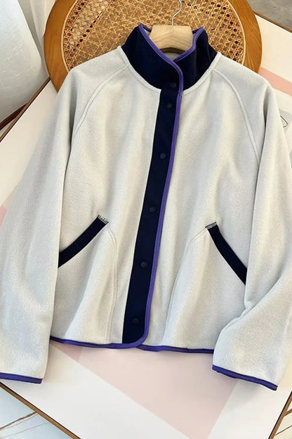 Contrast-trim snap-front fleece jacket