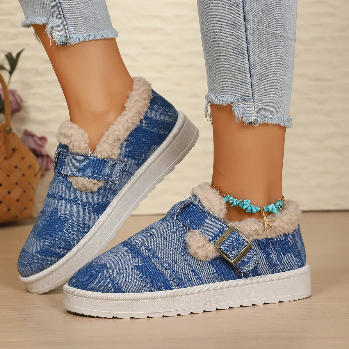Lined denim-look buckle shoes