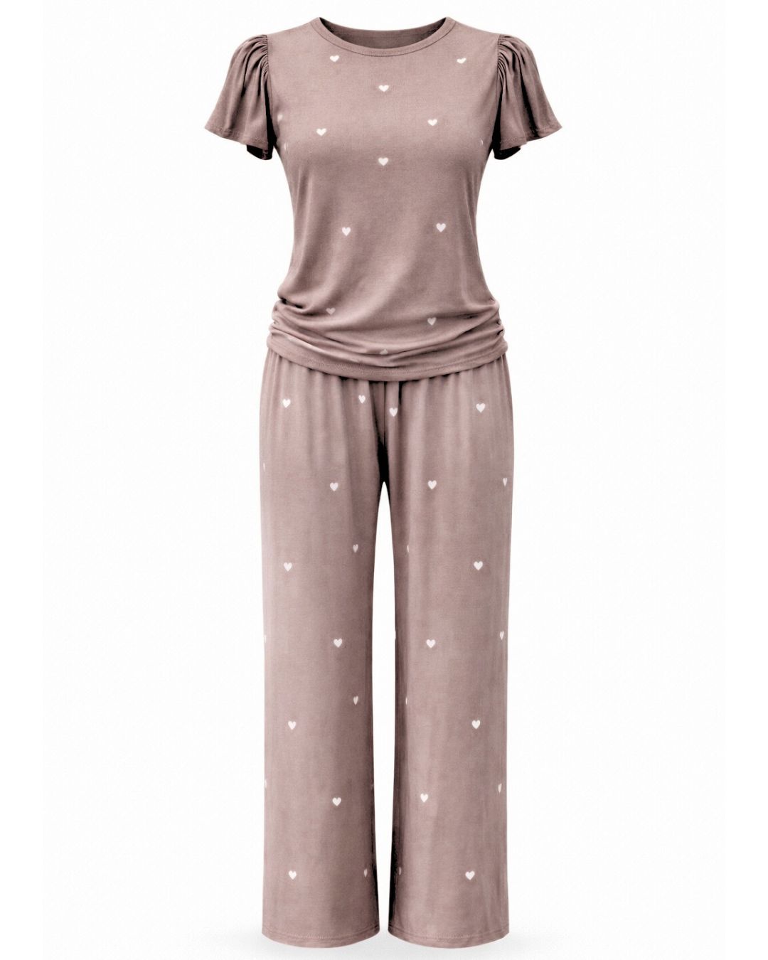 Heartfull PJ – Silky Printed Pajama Set 2PC In Mochacinno Hearts