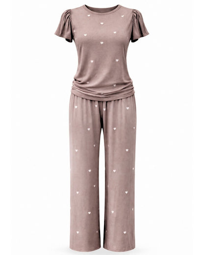 Heartfull PJ – Silky Printed Pajama Set 2PC In Mochacinno Hearts