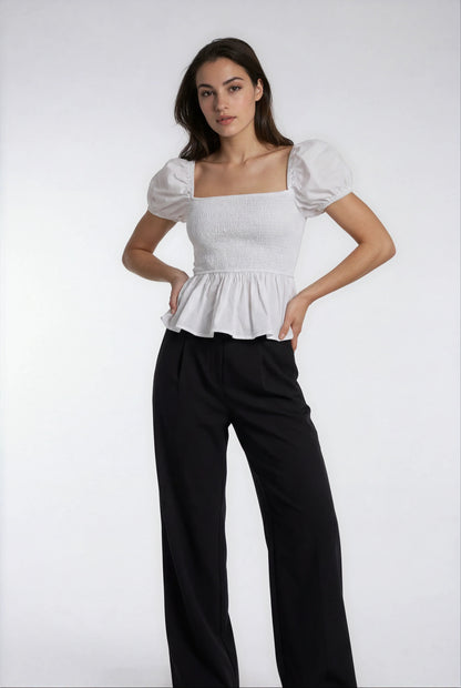 White Cotton Peplum Blouse
